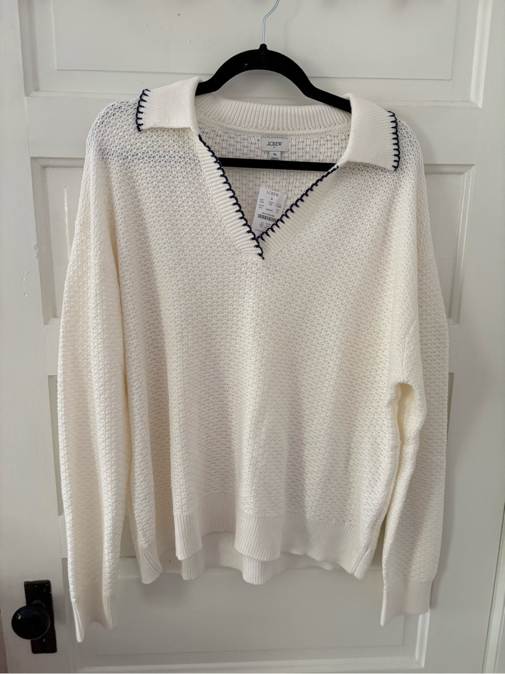 J. Crew Cream Sweater-polo with Navy Stitching - Picture 2 of 6